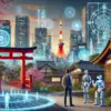 Texto alternativo en español: "Paisaje urbano futurista de Tokio. Rascacielos adornados con hologramas digitales y luces de neón se alzan junto a elementos tradicionales de la cultura japonesa, como cerezos en flor y un torii rojo. Una interacción natural entre un humano y un robot humanoide representa la armonía entre tecnología y tradición."