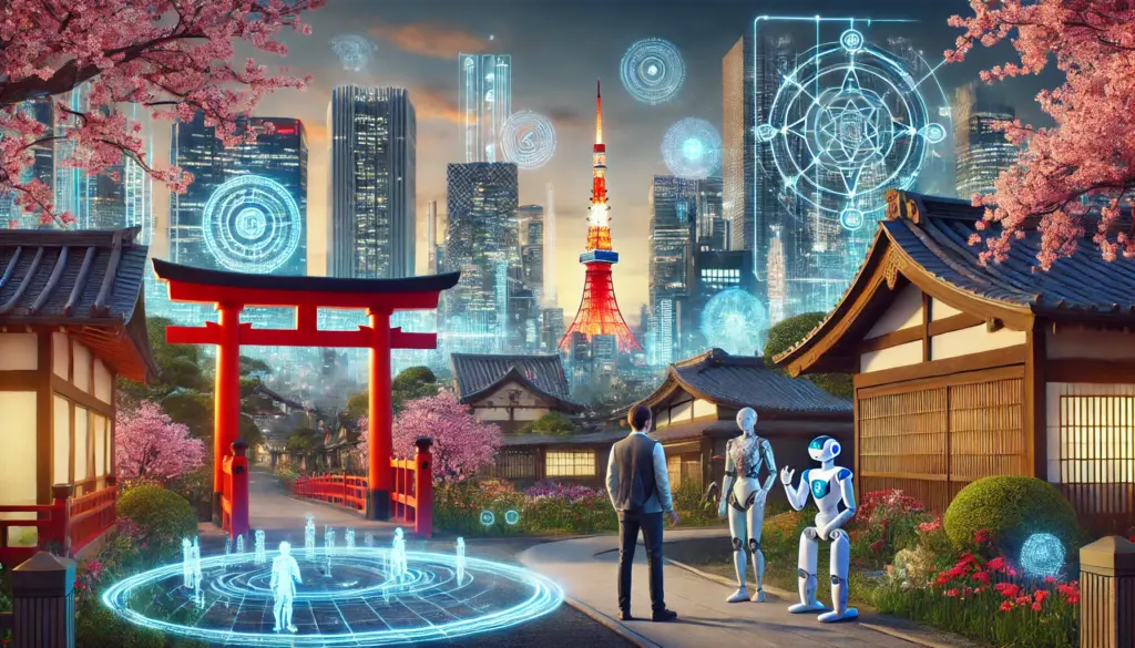 Texto alternativo en español:
"Paisaje urbano futurista de Tokio. Rascacielos adornados con hologramas digitales y luces de neón se alzan junto a elementos tradicionales de la cultura japonesa, como cerezos en flor y un torii rojo. Una interacción natural entre un humano y un robot humanoide representa la armonía entre tecnología y tradición."