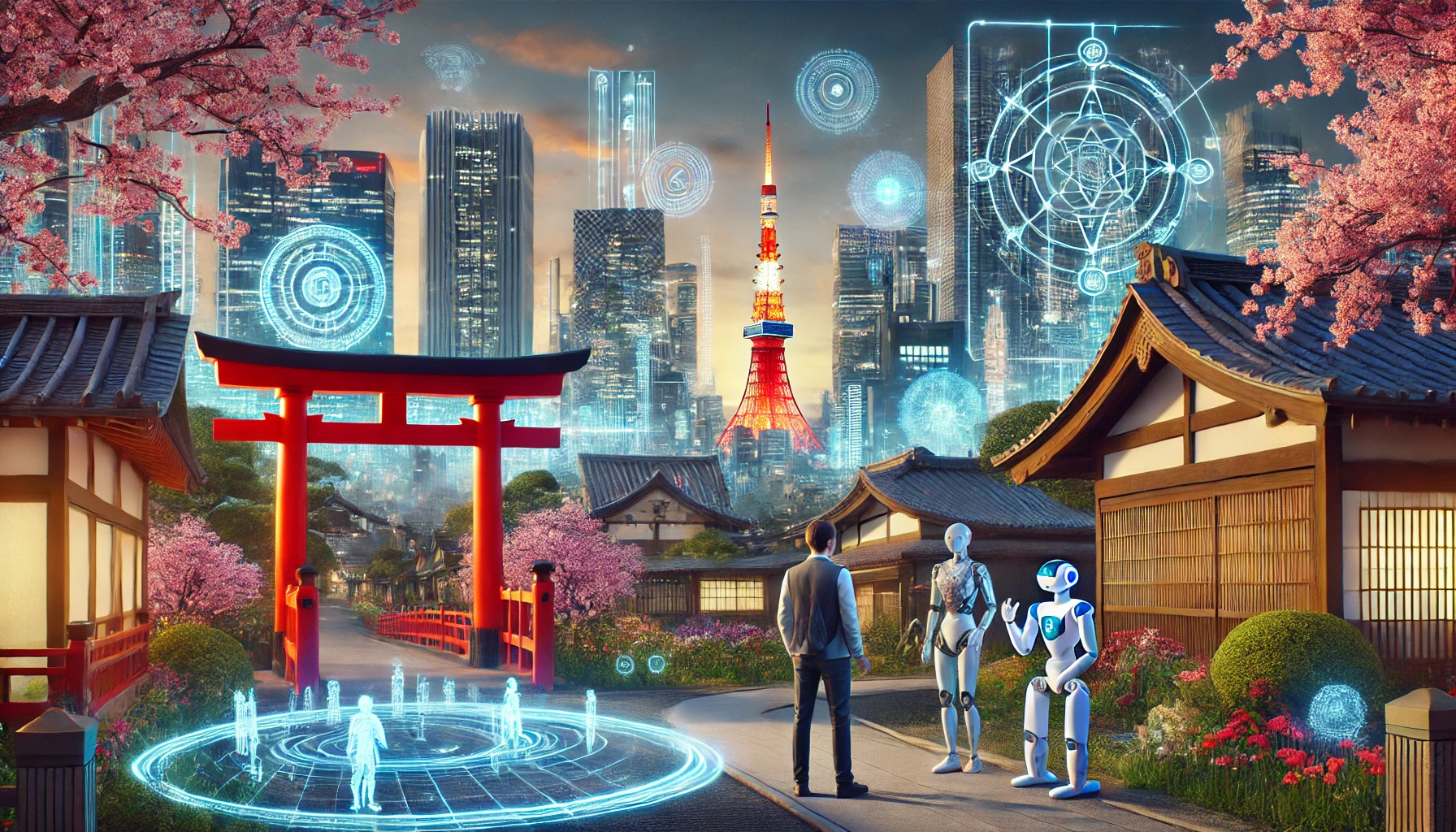 Texto alternativo en español: "Paisaje urbano futurista de Tokio. Rascacielos adornados con hologramas digitales y luces de neón se alzan junto a elementos tradicionales de la cultura japonesa, como cerezos en flor y un torii rojo. Una interacción natural entre un humano y un robot humanoide representa la armonía entre tecnología y tradición."