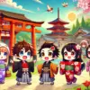 Ilustración de estilo anime con personajes chibi explorando lugares emblemáticos de Japón. Los adorables personajes visten kimonos tradicionales y ropa moderna, y visitan un torii rojo, un templo sereno rodeado de naturaleza y cerezos en flor. La escena es colorida y vibrante, con un ambiente alegre y acogedor, ideal para guías de viaje.