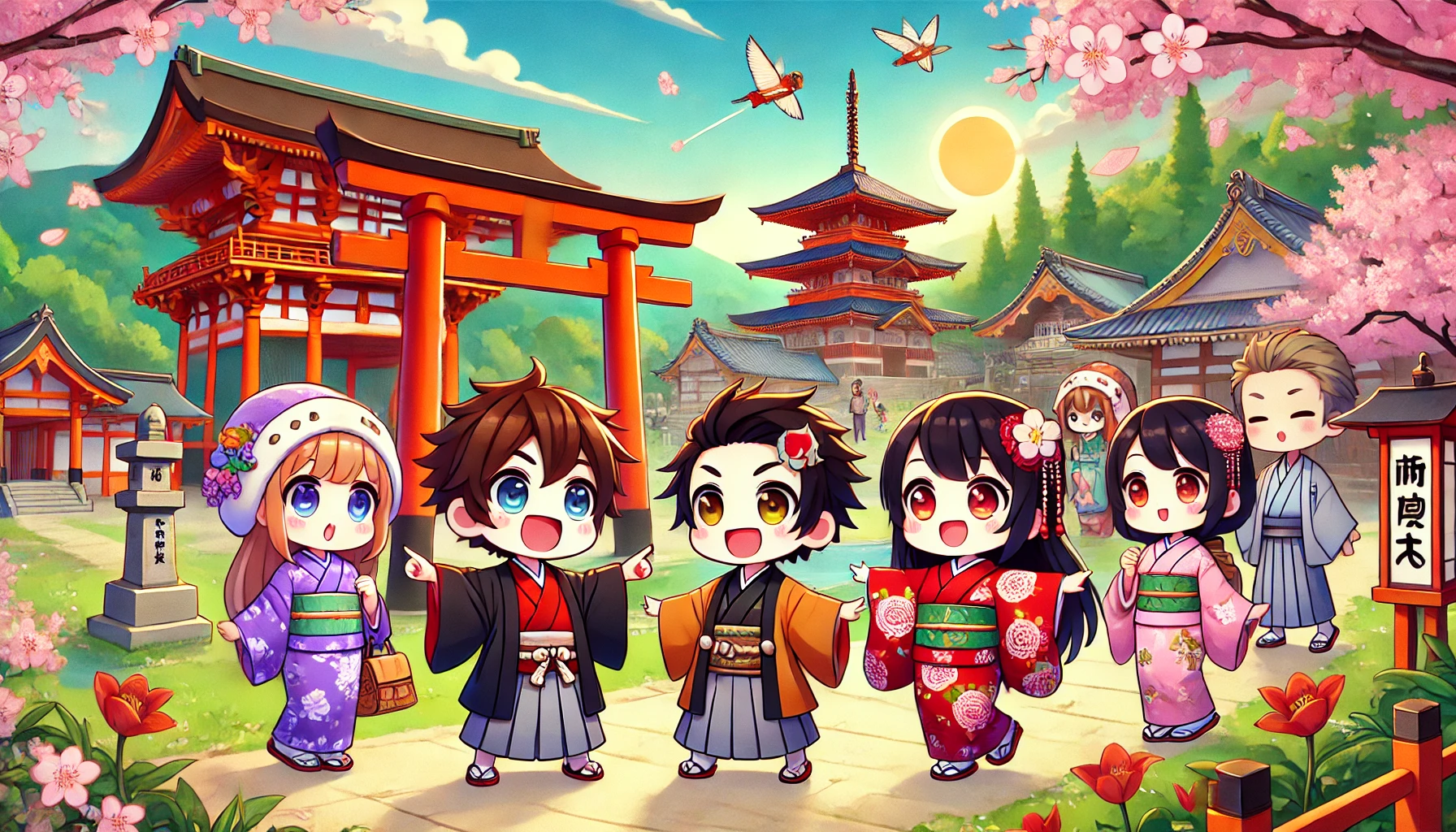 Ilustración de estilo anime con personajes chibi explorando lugares emblemáticos de Japón. Los adorables personajes visten kimonos tradicionales y ropa moderna, y visitan un torii rojo, un templo sereno rodeado de naturaleza y cerezos en flor. La escena es colorida y vibrante, con un ambiente alegre y acogedor, ideal para guías de viaje.