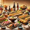 Imagen de una mesa japonesa bellamente arreglada con platos tradicionales como sushi, nigiri, un tazón humeante de ramen, tempura con salsa, brochetas de yakitori, okonomiyaki con ricos aderezos y gyoza en un plato decorativo. La iluminación cálida y los utensilios japoneses tradicionales como palillos y bandejas de madera crean un ambiente acogedor.