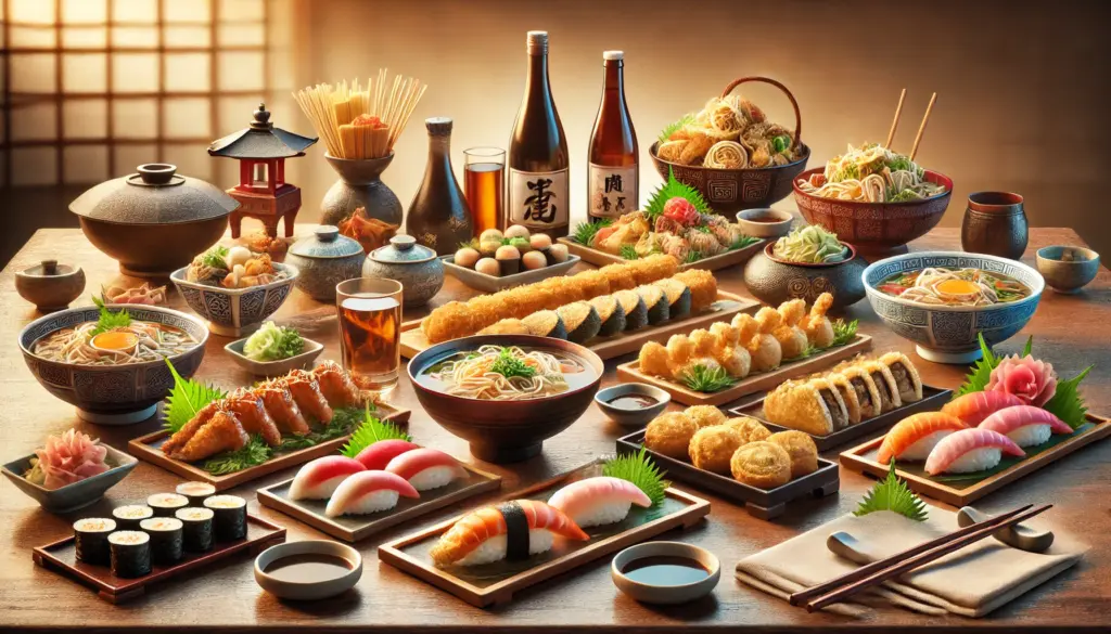 Imagen de una mesa japonesa bellamente arreglada con platos tradicionales como sushi, nigiri, un tazón humeante de ramen, tempura con salsa, brochetas de yakitori, okonomiyaki con ricos aderezos y gyoza en un plato decorativo. La iluminación cálida y los utensilios japoneses tradicionales como palillos y bandejas de madera crean un ambiente acogedor.