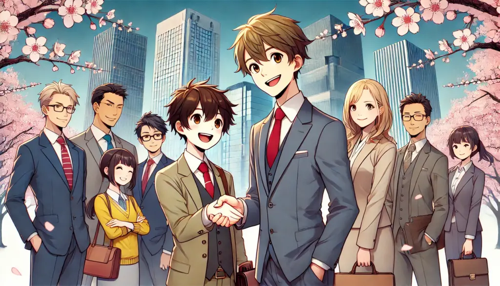 Imagen de estilo anime que muestra a un grupo diverso de profesionales, incluyendo a un extranjero sonriente en traje estrechando la mano con un empresario japonés. El fondo presenta un paisaje urbano moderno con rascacielos altos y cerezos en flor, simbolizando Japón. Los personajes tienen expresiones cálidas y acogedoras, representando el tema de la búsqueda de empleo en Japón para extranjeros.