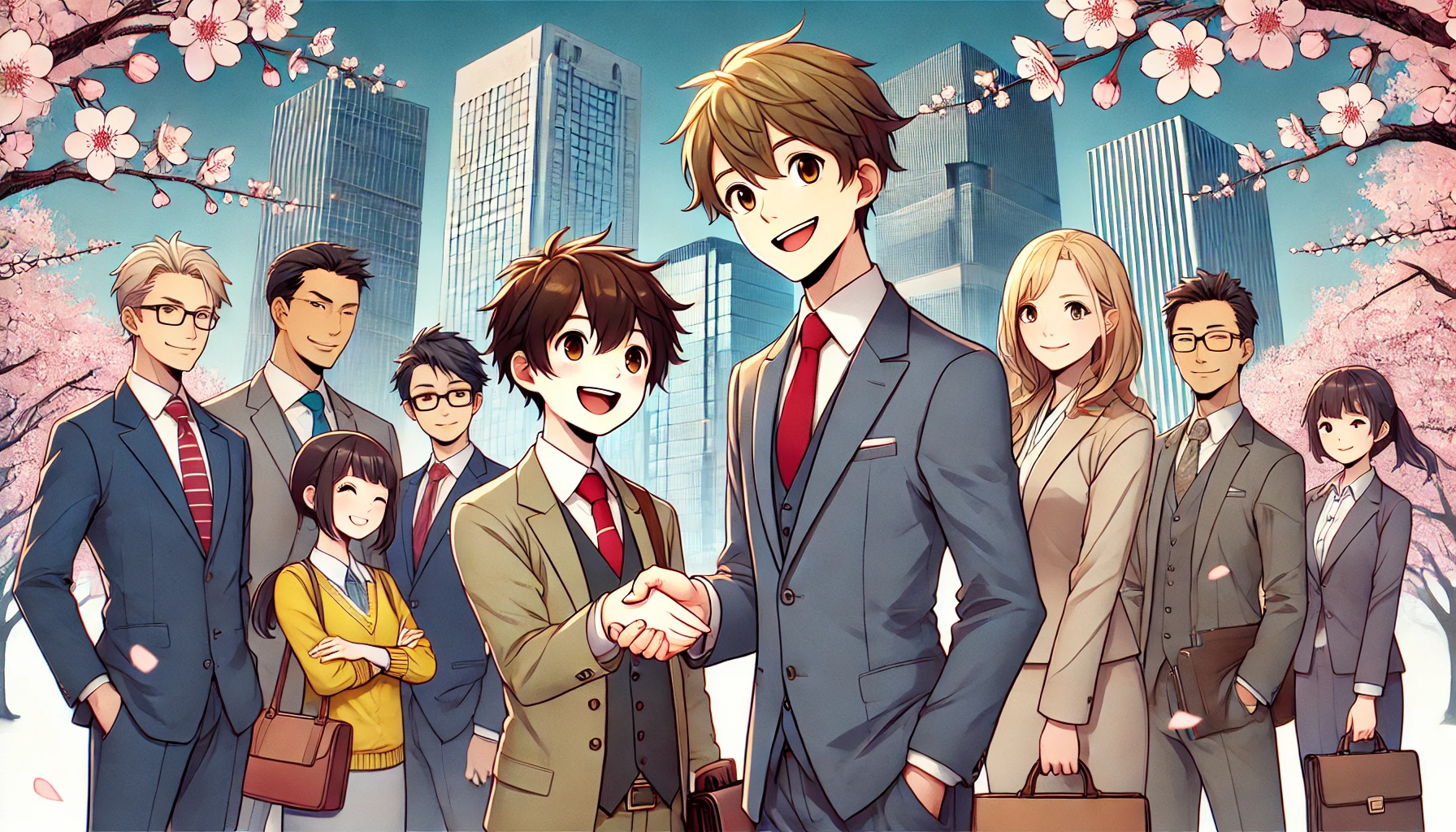 Imagen de estilo anime que muestra a un grupo diverso de profesionales, incluyendo a un extranjero sonriente en traje estrechando la mano con un empresario japonés. El fondo presenta un paisaje urbano moderno con rascacielos altos y cerezos en flor, simbolizando Japón. Los personajes tienen expresiones cálidas y acogedoras, representando el tema de la búsqueda de empleo en Japón para extranjeros.