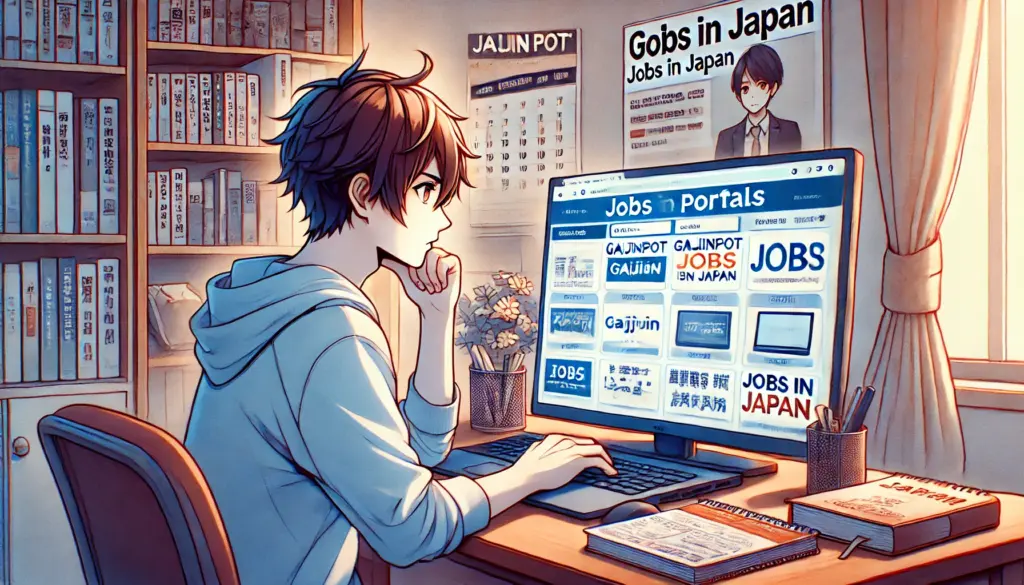 Ilustración de estilo anime de un buscador de empleo extranjero explorando portales de trabajo en línea. El personaje está sentado en un escritorio mirando la pantalla de una laptop con sitios populares como 'GaijinPot' y 'Jobs in Japan.' En el fondo hay una estantería con libros de japonés y un calendario con recordatorios de búsqueda de empleo. La atmósfera es luminosa y enfocada, destacando el uso de recursos digitales para encontrar oportunidades laborales en Japón.