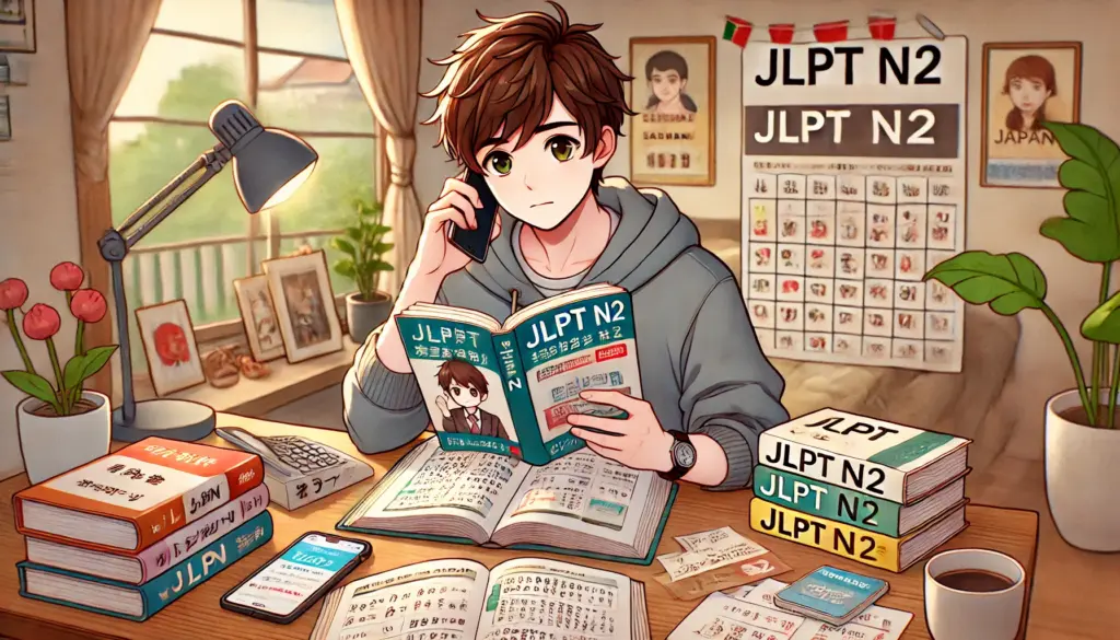 Ilustración de estilo anime de un buscador de empleo extranjero estudiando materiales de japonés en un escritorio. El personaje está concentrado, rodeado de libros de texto etiquetados como 'JLPT N2,' tarjetas de memoria y un smartphone con una aplicación de aprendizaje de idiomas abierta. El fondo incluye una habitación acogedora con pósters motivacionales y un calendario que marca las fechas del examen JLPT. La escena enfatiza la superación de barreras lingüísticas como parte del proceso de búsqueda de empleo en Japón.