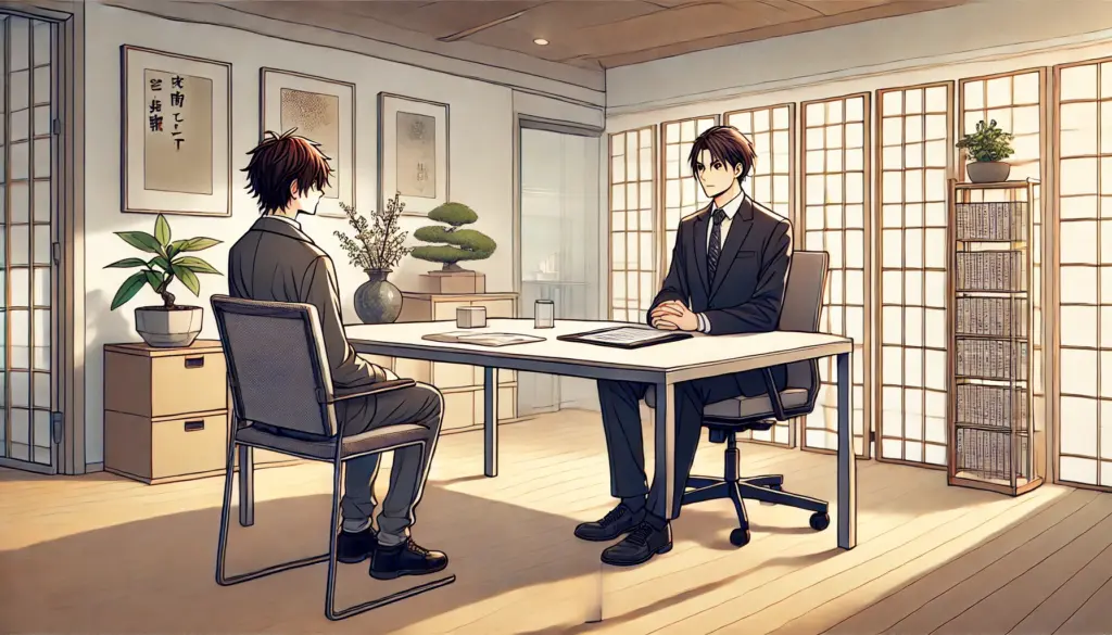 Ilustración de estilo anime que muestra a un buscador de empleo extranjero asistiendo a una entrevista de trabajo formal en Japón. El personaje está sentado frente a un entrevistador japonés en un entorno de oficina profesional, con un currículum colocado ordenadamente sobre el escritorio. El entrevistador, vestido con traje, parece atento. El fondo incluye un diseño de oficina moderno pero minimalista con elementos japoneses sutiles, como un bonsái y una puerta corredera shoji. La atmósfera es formal pero acogedora, destacando la naturaleza estructurada de las entrevistas laborales en Japón.