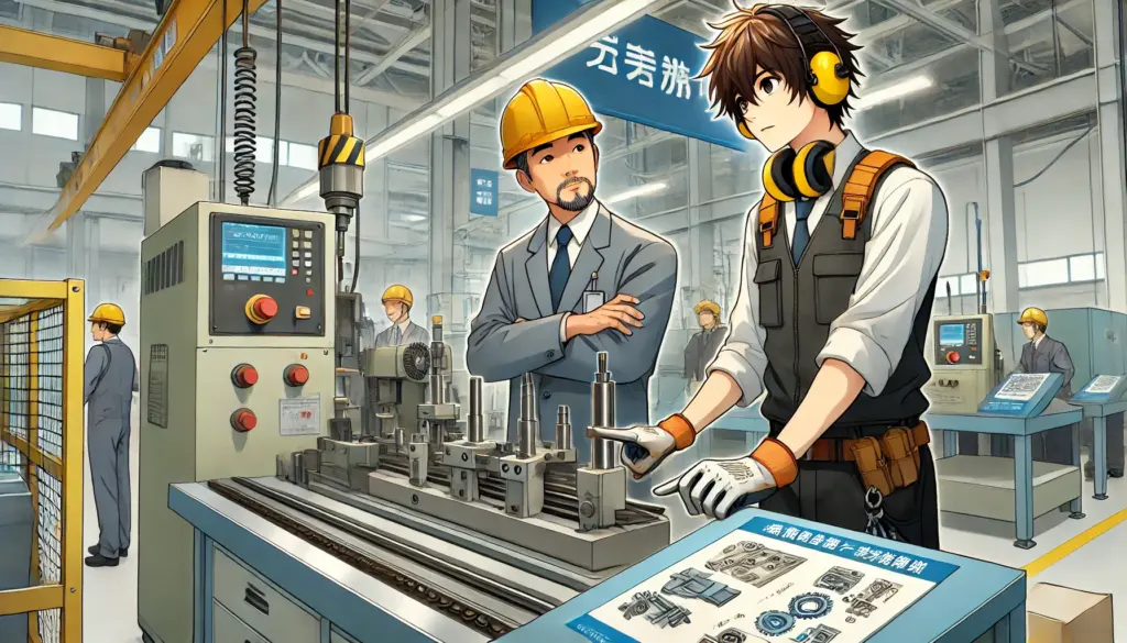 Ilustración de estilo anime que muestra a un trabajador extranjero en Japón participando en un programa de formación técnica. El personaje está en un entorno de fabricación, con equipo de seguridad como guantes y casco, operando maquinaria bajo la supervisión de un instructor japonés. El fondo incluye una fábrica limpia y bien organizada, con maquinaria y señalización de seguridad. La atmósfera es enfocada y colaborativa, destacando la construcción de habilidades y el trabajo en equipo.