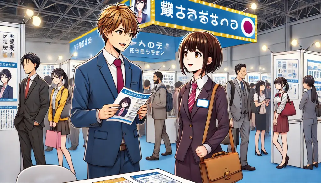 Ilustración de estilo anime que muestra a un buscador de empleo extranjero asistiendo a una feria de empleo para trabajadores internacionales en Japón. El personaje está de pie en un stand, sosteniendo un folleto mientras habla con un reclutador amigable en un entorno profesional. El fondo incluye otros stands con pancartas en japonés e inglés, mostrando logotipos de empresas y temas relacionados con empleos. La atmósfera es animada y atractiva, destacando oportunidades para establecer contactos y la interacción directa con empleadores.