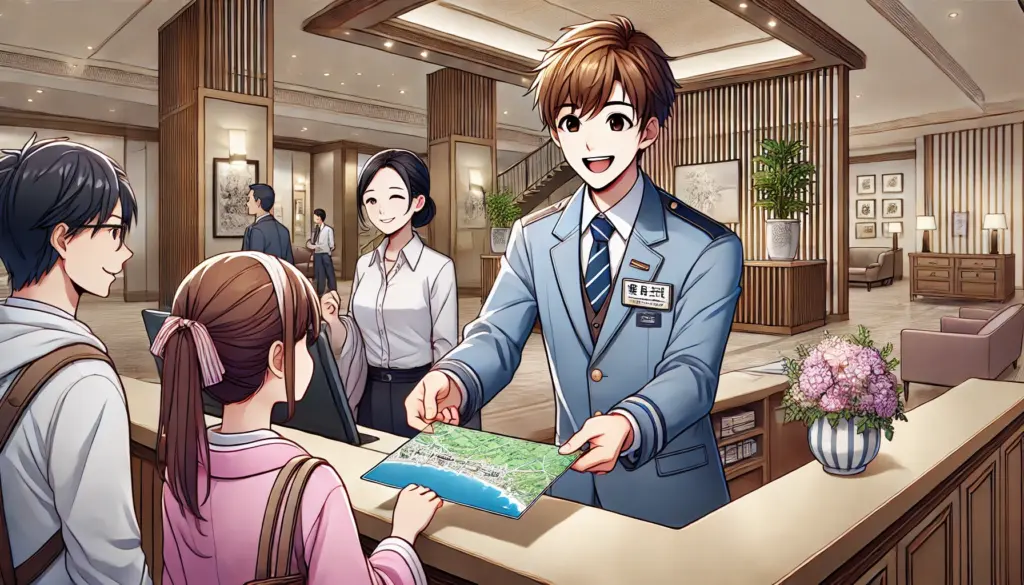 Ilustración de estilo anime que muestra a un trabajador extranjero en Japón asistiendo a turistas internacionales en la recepción de un hotel. El personaje lleva un uniforme profesional con una etiqueta de nombre y sonríe cálidamente mientras entrega un mapa a una familia de turistas. El fondo incluye un vestíbulo de hotel moderno y elegante con elementos de diseño japonés, como paneles de madera y plantas interiores. La atmósfera es amigable y profesional, destacando la hospitalidad y la comunicación bilingüe.