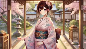 Imagen de estilo anime de una joven en sus veintes vistiendo un kimono tradicional japonés. El kimono tiene patrones intrincados en colores pastel suaves, acompañado de un obi tradicional. La mujer está de pie de manera elegante en un jardín japonés sereno, rodeada de cerezos en flor y un camino de piedra que conduce a un entorno tranquilo. Su cabello está recogido en un moño clásico con un pasador Kanzashi, y su expresión es cálida y serena. La atmósfera es elegante y pacífica, con una iluminación suave que resalta los detalles de la escena.