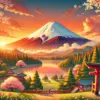 Imagen de estilo anime que muestra el Monte Fuji al amanecer, con cálidos tonos naranjas y rosados en el cielo. La emblemática cima nevada del monte se encuentra rodeada de vegetación exuberante y un lago tranquilo que refleja el paisaje. En el primer plano, se incluyen elementos tradicionales japoneses como un torii rojo y cerezos en flor. La atmósfera es majestuosa y serena, simbolizando la grandeza y el significado cultural del Monte Fuji.