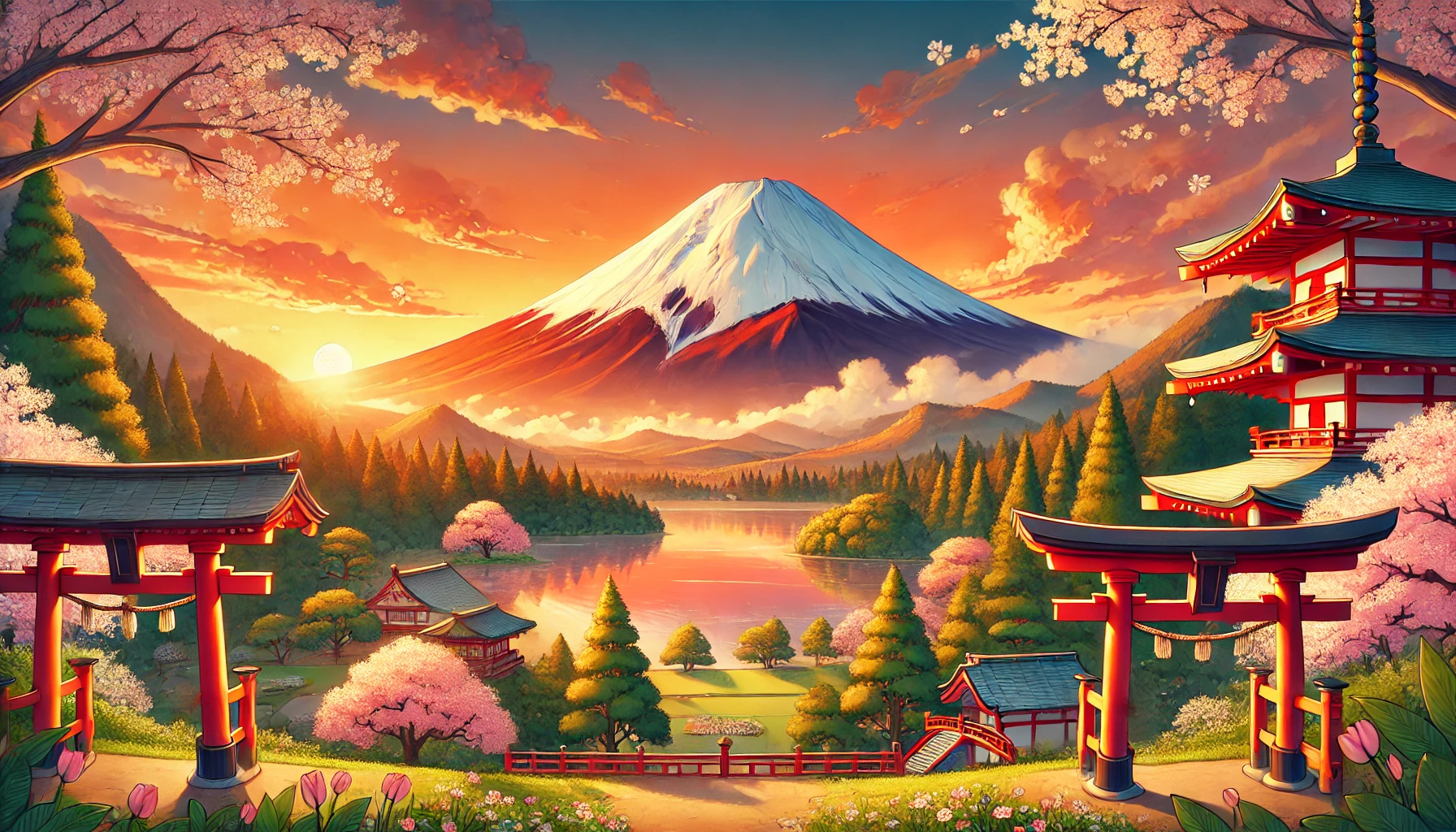 Imagen de estilo anime que muestra el Monte Fuji al amanecer, con cálidos tonos naranjas y rosados en el cielo. La emblemática cima nevada del monte se encuentra rodeada de vegetación exuberante y un lago tranquilo que refleja el paisaje. En el primer plano, se incluyen elementos tradicionales japoneses como un torii rojo y cerezos en flor. La atmósfera es majestuosa y serena, simbolizando la grandeza y el significado cultural del Monte Fuji.