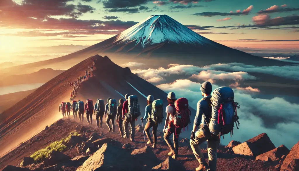 Ilustración de estilo anime de excursionistas subiendo el Monte Fuji al amanecer. La escena muestra a un grupo diverso de escaladores equipados con ropa de senderismo caminando por los senderos rocosos de la montaña. En el fondo, la icónica cima nevada del Monte Fuji brilla bajo la luz de la mañana, rodeada de nubes suaves. La atmósfera es inspiradora y aventurera, destacando la belleza y el desafío de escalar el Monte Fuji.