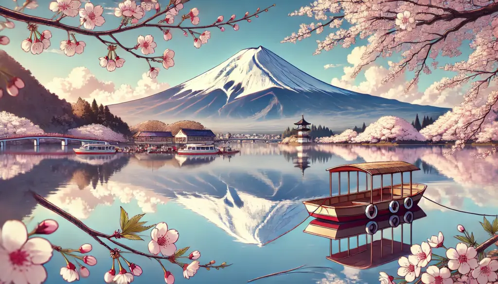 Imagen de estilo anime que muestra una vista panorámica del Monte Fuji desde el lago Kawaguchi. La escena incluye la emblemática cima nevada del Monte Fuji reflejada perfectamente en las aguas tranquilas del lago. En el primer plano, los cerezos en flor enmarcan el paisaje, mientras que un bote japonés tradicional flota pacíficamente en el agua. El cielo despejado y las suaves nubes crean una atmósfera serena y pintoresca, ideal para disfrutar de la naturaleza y la fotografía.