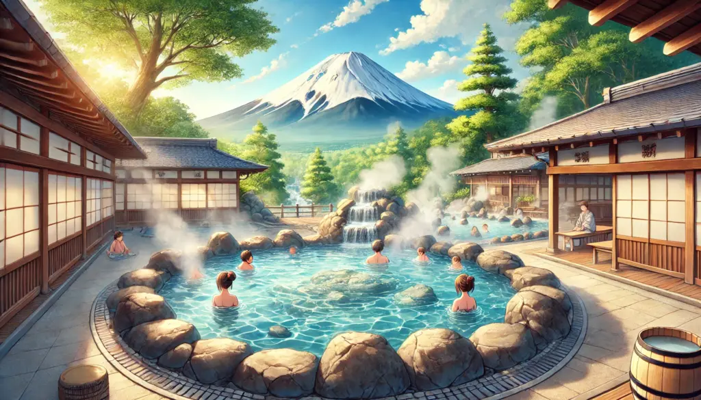 Ilustración de estilo anime de un onsen japonés tradicional con una vista clara del Monte Fuji al fondo. La escena muestra un tranquilo baño al aire libre rodeado de piedras naturales y vegetación. El vapor sube del agua, mientras los bañistas se relajan disfrutando de la icónica cima nevada de la montaña. La luz suave del sol que atraviesa los árboles resalta la paz y la armonía con la naturaleza.