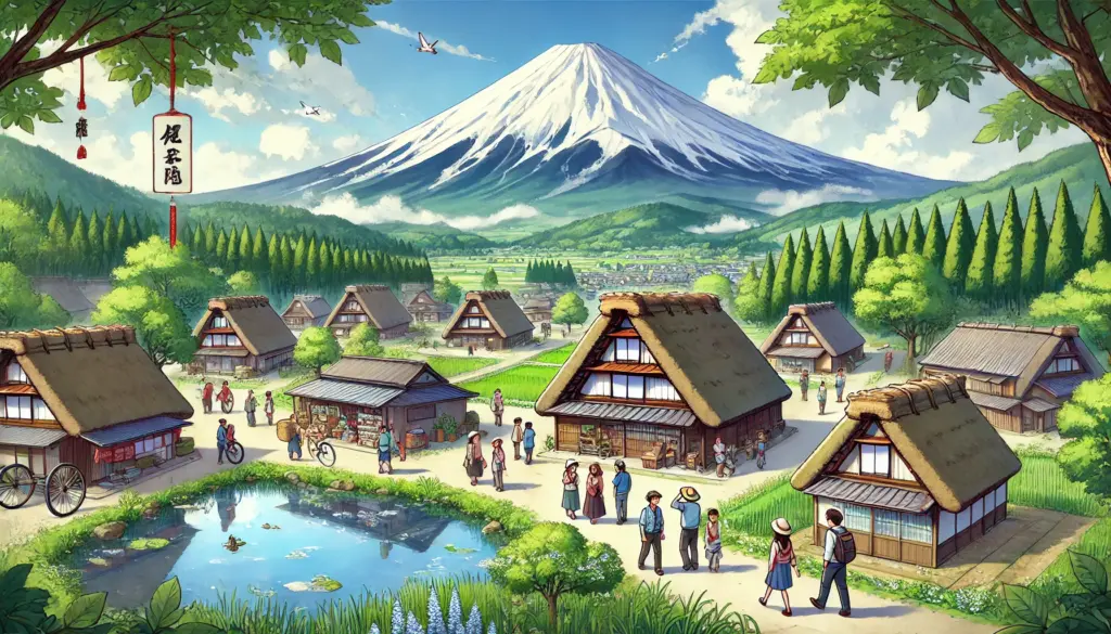 Imagen de estilo anime que representa actividades alrededor del Monte Fuji. La escena incluye un pueblo tradicional con casas de techo de paja, estanques cristalinos que reflejan la montaña y turistas explorando el área. En el fondo, la icónica cima nevada del Monte Fuji se eleva majestuosamente. Cerca, un pequeño grupo de visitantes camina por un sendero marcado a través de un bosque verde, destacando la armonía con la naturaleza y la exploración cultural.