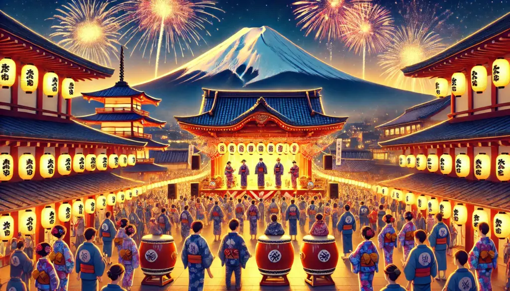 Ilustración de estilo anime de un festival tradicional japonés celebrando el Monte Fuji. La escena muestra un vibrante festival con linternas, personas vestidas con yukata y un escenario con presentaciones tradicionales como tambores taiko. En el fondo, la icónica cima del Monte Fuji está iluminada por un gran espectáculo de fuegos artificiales. La atmósfera es animada y festiva, capturando la riqueza cultural y la alegría de los eventos relacionados con el Monte Fuji.