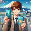 Ilustración de estilo anime de un turista sonriente usando un smartphone con el Monte Fuji en el fondo. El turista sostiene un paquete de tarjeta SIM mientras está de pie cerca de un aeropuerto o un mirador escénico, rodeado de cerezos en flor. La pantalla del smartphone muestra un icono de conexión a Internet, simbolizando cómo mantenerse conectado durante un viaje. La atmósfera es vibrante y acogedora