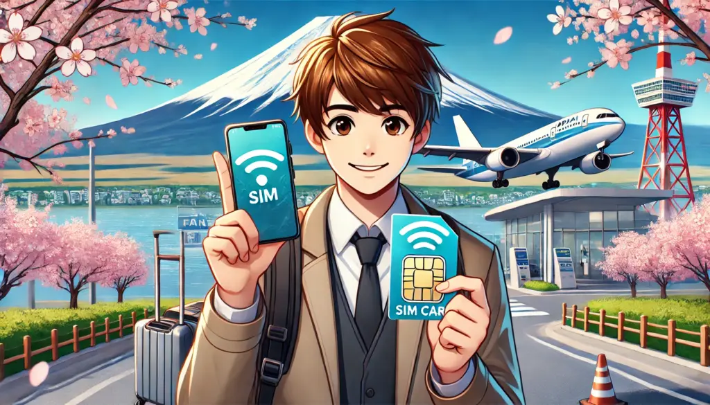 Ilustración de estilo anime de un turista sonriente usando un smartphone con el Monte Fuji en el fondo. El turista sostiene un paquete de tarjeta SIM mientras está de pie cerca de un aeropuerto o un mirador escénico, rodeado de cerezos en flor. La pantalla del smartphone muestra un icono de conexión a Internet, simbolizando cómo mantenerse conectado durante un viaje. La atmósfera es vibrante y acogedora