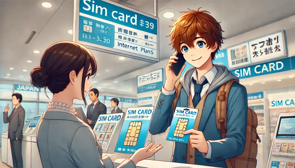 Ilustración de estilo anime de un turista extranjero comprando una tarjeta SIM en un mostrador de aeropuerto en Japón. El personaje está sonriente, sosteniendo su smartphone, mientras un empleado amable en uniforme le entrega un paquete de tarjeta SIM. El fondo incluye un entorno moderno de aeropuerto con carteles en japonés e inglés y un expositor que muestra planes de Internet. La atmósfera es luminosa y acogedora.