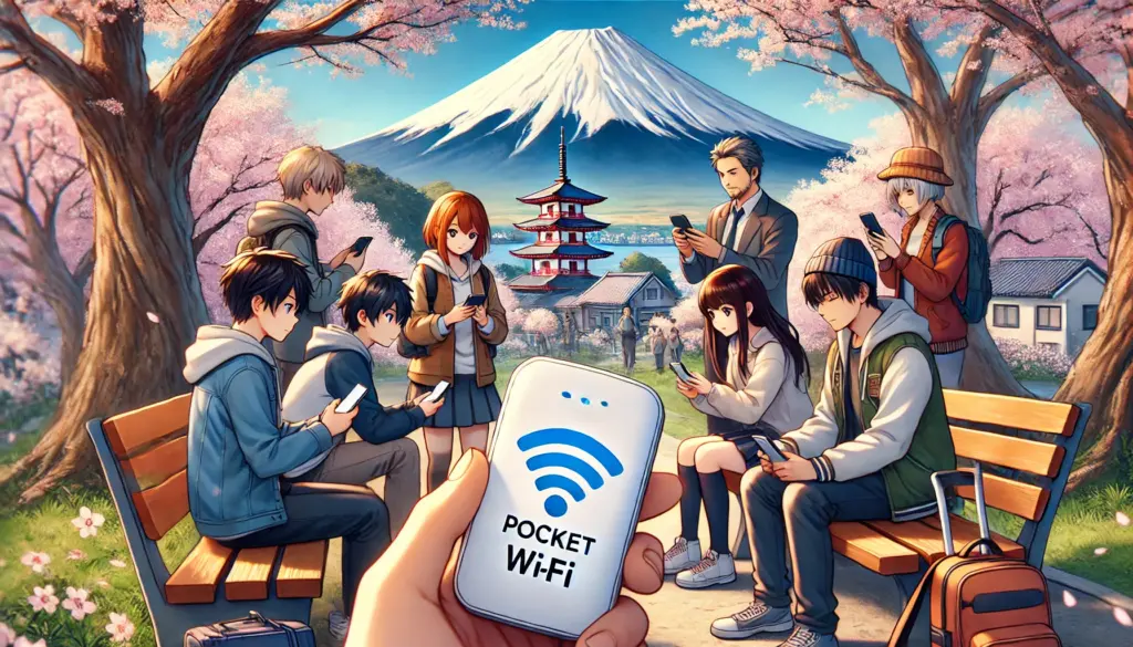 Ilustración de estilo anime de un grupo de turistas usando un dispositivo de Wi-Fi portátil mientras exploran un área escénica en Japón. El grupo está sentado en un banco del parque, con una persona sosteniendo el dispositivo de Wi-Fi portátil y otros conectados a sus smartphones. En el fondo se ve el Monte Fuji y cerezos en flor, creando un entorno pintoresco. La atmósfera es divertida y colaborativa, destacando la conveniencia del acceso compartido a Internet.