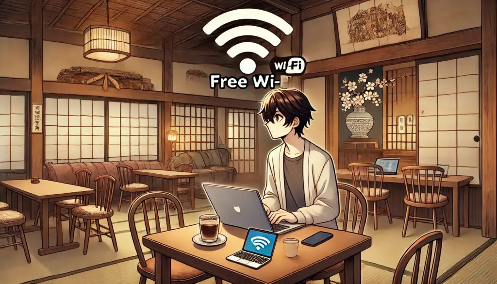 Ilustración de estilo anime de un turista sentado en un acogedor café japonés usando Wi-Fi gratuito. El personaje sostiene una taza de café mientras trabaja en un portátil, con un smartphone en la mesa que muestra un icono de conexión Wi-Fi. El fondo presenta una decoración tradicional japonesa, incluyendo paneles de madera y un jarrón con flores de cerezo. La atmósfera es relajada y cómoda, destacando la disponibilidad de Wi-Fi gratuito en Japón.