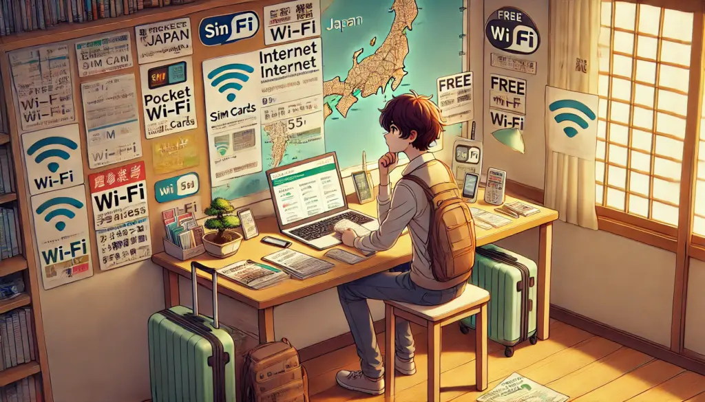 Ilustración de estilo anime de un turista sentado en un escritorio comparando opciones de Internet para su viaje a Japón. El escritorio está organizado con folletos de tarjetas SIM, dispositivos de Wi-Fi portátil y un portátil que muestra un sitio web con mapas de Wi-Fi gratuito. El personaje toma notas en un bloc de papel. En el fondo se ve un mapa de Japón en la pared y elementos tradicionales como un pequeño bonsái. La atmósfera es práctica y enfocada, destacando la toma de decisiones.