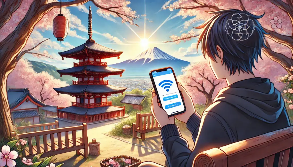 Ilustración de estilo anime de un turista disfrutando de una vista escénica en Japón mientras sostiene un smartphone. El personaje está sentado en un banco con vista a un jardín japonés tradicional con una pagoda y cerezos en flor. La pantalla del smartphone muestra una aplicación de Internet, simbolizando cómo mantenerse conectado mientras viaja. La atmósfera es pacífica y enriquecedora, combinando la tecnología con la exploración cultural.