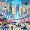 Ilustración de estilo anime de un paisaje urbano futurista en Japón. La escena presenta rascacielos con pantallas holográficas, vehículos autónomos en las calles y robots humanoides interactuando con peatones. En el cielo, drones vuelan simbolizando sistemas avanzados de entrega. Los elementos tradicionales, como un torii rojo y cerezos en flor, se mezclan con el entorno tecnológico, creando una armonía entre tradición e innovación.