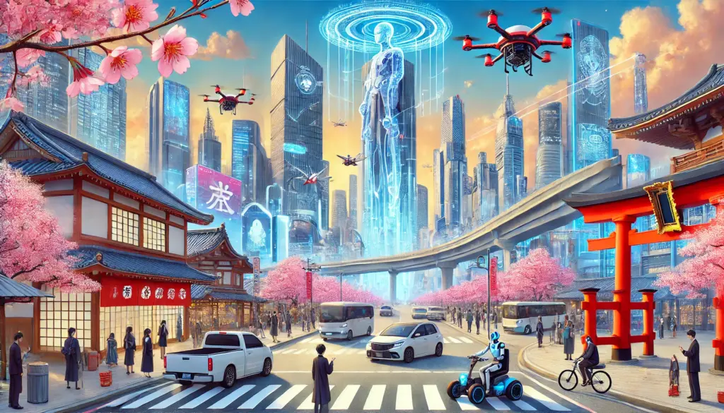 Ilustración de estilo anime de un paisaje urbano futurista en Japón. La escena presenta rascacielos con pantallas holográficas, vehículos autónomos en las calles y robots humanoides interactuando con peatones. En el cielo, drones vuelan simbolizando sistemas avanzados de entrega. Los elementos tradicionales, como un torii rojo y cerezos en flor, se mezclan con el entorno tecnológico, creando una armonía entre tradición e innovación.