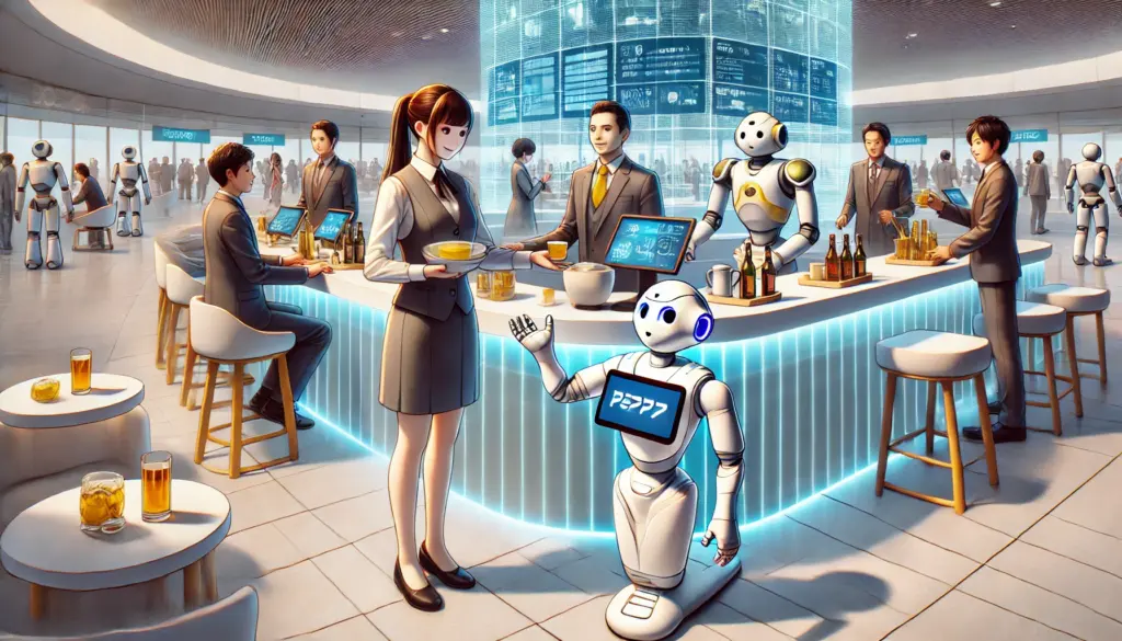 Ilustración de estilo anime que muestra robots humanoides interactuando con personas en un entorno moderno. La escena incluye un robot amigable como Pepper asistiendo a clientes en un mostrador y un robot humanoide como ASIMO sirviendo bebidas a los invitados. El fondo presenta un diseño futurista con paneles holográficos que muestran información. La atmósfera es innovadora y acogedora, destacando el liderazgo de Japón en robótica.