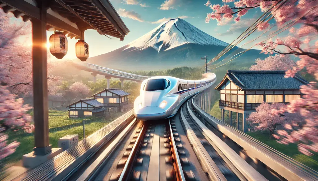 Ilustración de estilo anime de un tren Maglev desplazándose a alta velocidad por el campo japonés. El tren, elegante y futurista, flota sobre los rieles con un efecto de movimiento que enfatiza su increíble velocidad. En el fondo se ve el Monte Fuji junto con casas tradicionales japonesas y cerezos en flor. La atmósfera es dinámica e impresionante, mostrando los avances de Japón en tecnología de transporte.