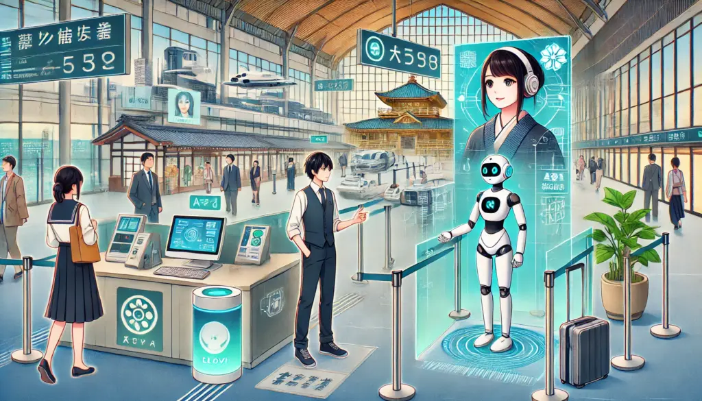 Ilustración de estilo anime que muestra la tecnología avanzada de inteligencia artificial en la vida diaria en Japón. La escena incluye un asistente inteligente como Clova ayudando a controlar dispositivos domésticos, y un sistema de reconocimiento facial en un aeropuerto. Un robot amigable interactúa con los clientes en la recepción de un hotel. El fondo combina arquitectura moderna con elementos tradicionales japoneses, creando una atmósfera futurista pero familiar.