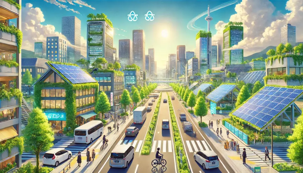 Ilustración de estilo anime de una ciudad inteligente futurista en Japón. La escena presenta paneles solares en los techos, vehículos impulsados por hidrógeno en calles limpias y rascacielos energéticamente eficientes con vegetación integrada en su diseño. Las personas caminan por senderos arbolados y los niños juegan en un parque alimentado por energía sostenible. La atmósfera es vibrante y armoniosa, destacando la innovación ambiental y la sostenibilidad.