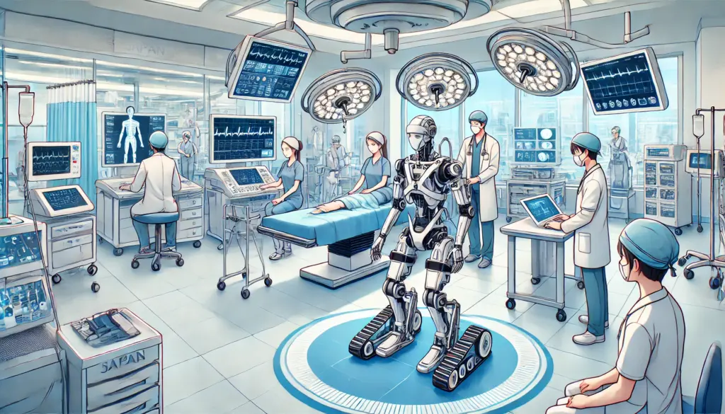 Ilustración de estilo anime que muestra tecnología médica avanzada en Japón. La escena incluye un sistema quirúrgico robótico en una sala de operaciones moderna con médicos y enfermeros colaborando. En otra área, un paciente utiliza un exoesqueleto para rehabilitación. El fondo presenta equipos médicos de última generación y pantallas que muestran métricas de salud. La atmósfera es limpia e innovadora, destacando la precisión y el cuidado en los avances de la salud en Japón.