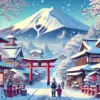 Ilustración de estilo anime que muestra una escena invernal serena en Japón. El Monte Fuji cubierto de nieve se encuentra en el fondo, junto con casas japonesas tradicionales con techos nevados y un torii rojo. Los cerezos en flor, cubiertos ligeramente de nieve, contrastan con el cielo claro y frío. En primer plano, una familia vestida con ropa de invierno camina por un sendero nevado, disfrutando de la belleza de la temporada.