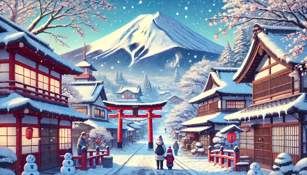 Ilustración de estilo anime que muestra una escena invernal serena en Japón. El Monte Fuji cubierto de nieve se encuentra en el fondo, junto con casas japonesas tradicionales con techos nevados y un torii rojo. Los cerezos en flor, cubiertos ligeramente de nieve, contrastan con el cielo claro y frío. En primer plano, una familia vestida con ropa de invierno camina por un sendero nevado, disfrutando de la belleza de la temporada.