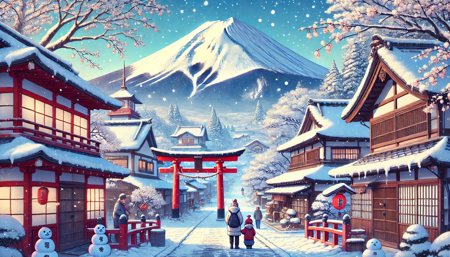 Ilustración de estilo anime que muestra una escena invernal serena en Japón. El Monte Fuji cubierto de nieve se encuentra en el fondo, junto con casas japonesas tradicionales con techos nevados y un torii rojo. Los cerezos en flor, cubiertos ligeramente de nieve, contrastan con el cielo claro y frío. En primer plano, una familia vestida con ropa de invierno camina por un sendero nevado, disfrutando de la belleza de la temporada.