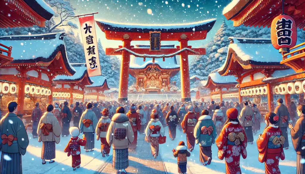 Ilustración de estilo anime de una celebración tradicional japonesa de Año Nuevo en un santuario. La escena muestra a familias y personas realizando hatsumode (la primera visita al santuario del año) vestidas con ropa cálida de invierno. El fondo incluye un gran torii rojo, faroles de piedra cubiertos de nieve y un santuario bellamente decorado. Banderas vibrantes con caligrafía japonesa añaden un toque festivo, mientras cae nieve suavemente.