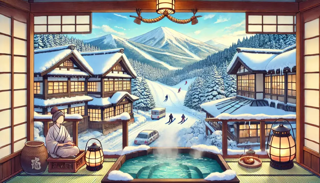 Ilustración de estilo anime de un paisaje invernal en Hokkaido, Japón. La escena incluye un onsen (baño termal) acogedor rodeado de árboles nevados, con personas disfrutando del agua caliente. En la distancia, esquiadores descienden por una pendiente montañosa cubierta de nieve. La arquitectura japonesa tradicional con techos nevados agrega encanto al entorno. La atmósfera es serena y acogedora, capturando la belleza del invierno en Hokkaido.