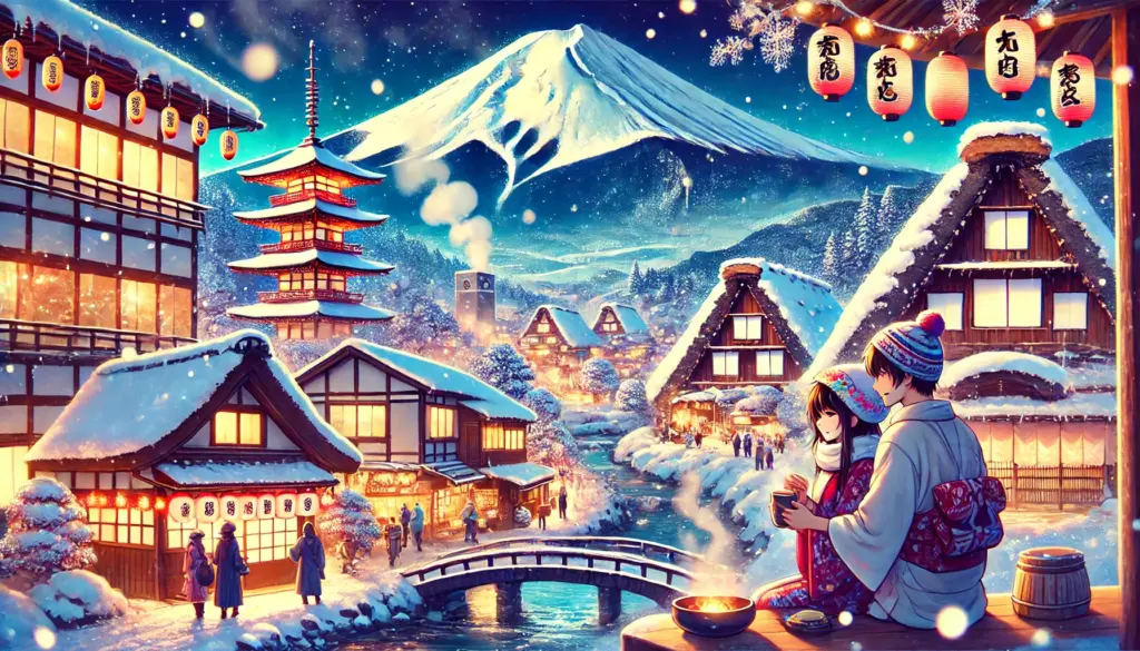 Ilustración de estilo anime que resume la belleza del invierno en Japón. La escena combina elementos como el Monte Fuji cubierto de nieve, calles iluminadas con luces de invierno vibrantes, un onsen tradicional con vapor saliendo y un encantador pueblo nevado como Shirakawa-go. En primer plano, una pareja vestida con ropa de invierno disfruta del paisaje mientras sostiene tazas de té caliente. La atmósfera es mágica y reconfortante, capturando las tradiciones y destinos invernales de Japón.