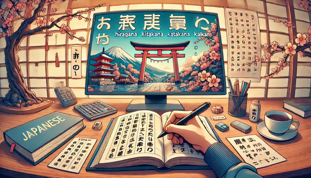 Ilustración de estilo anime que simboliza el tema de aprender japonés. La escena presenta un libro abierto con caracteres de hiragana, katakana y kanji flotando sobre él. Una mano sostiene un bolígrafo escribiendo en un cuaderno lleno de vocabulario y notas gramaticales en japonés. En el fondo, se incluyen elementos tradicionales japoneses como cerezos en flor, un torii rojo y un paisaje montañoso sereno. La atmósfera es inspiradora y enfocada, animando al estudio del idioma japonés.