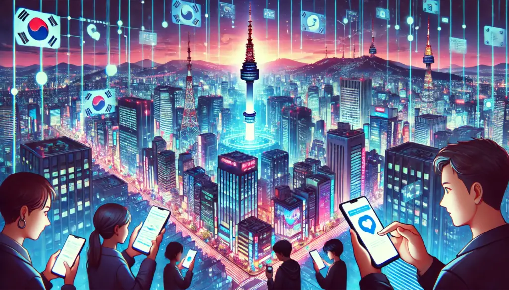 Ilustración de estilo anime de una escena nocturna en Seúl, Corea del Sur. El paisaje urbano está iluminado con luces de neón y rascacielos, incluyendo puntos icónicos como la Torre Namsan. En el primer plano, ciudadanos utilizan sus smartphones para leer noticias y transmitir en vivo, simbolizando la influencia de las redes sociales. La atmósfera es vibrante y futurista, capturando el papel dinámico de la tecnología en la gobernanza moderna.