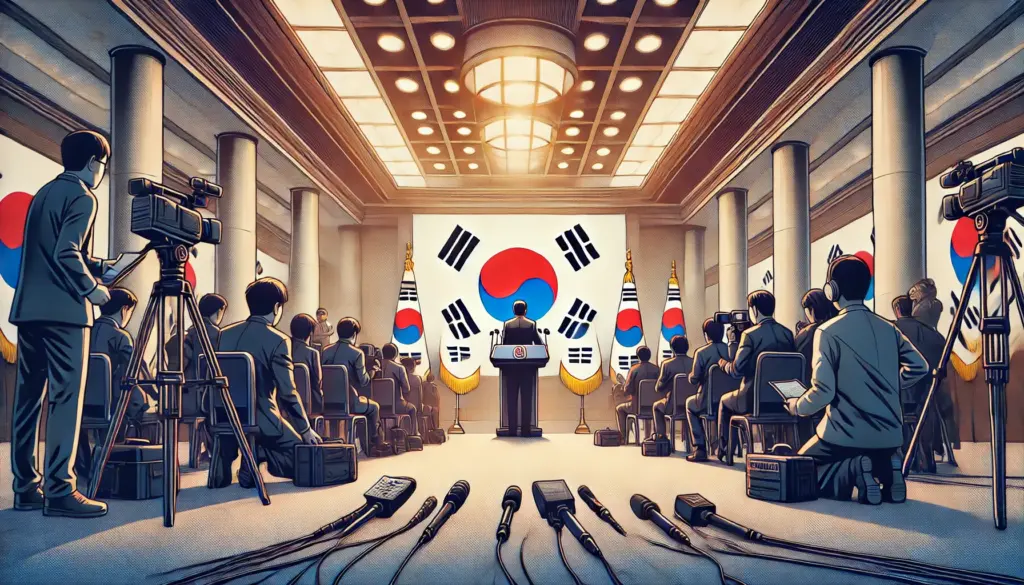 Ilustración de estilo anime que muestra una conferencia de prensa en la oficina presidencial de Corea del Sur. La escena presenta una atmósfera tensa con la bandera surcoreana de fondo y el presidente dirigiéndose a los medios. Reporteros con micrófonos y cámaras capturan el momento. El ambiente transmite urgencia y seriedad, simbolizando la declaración de la ley marcial.