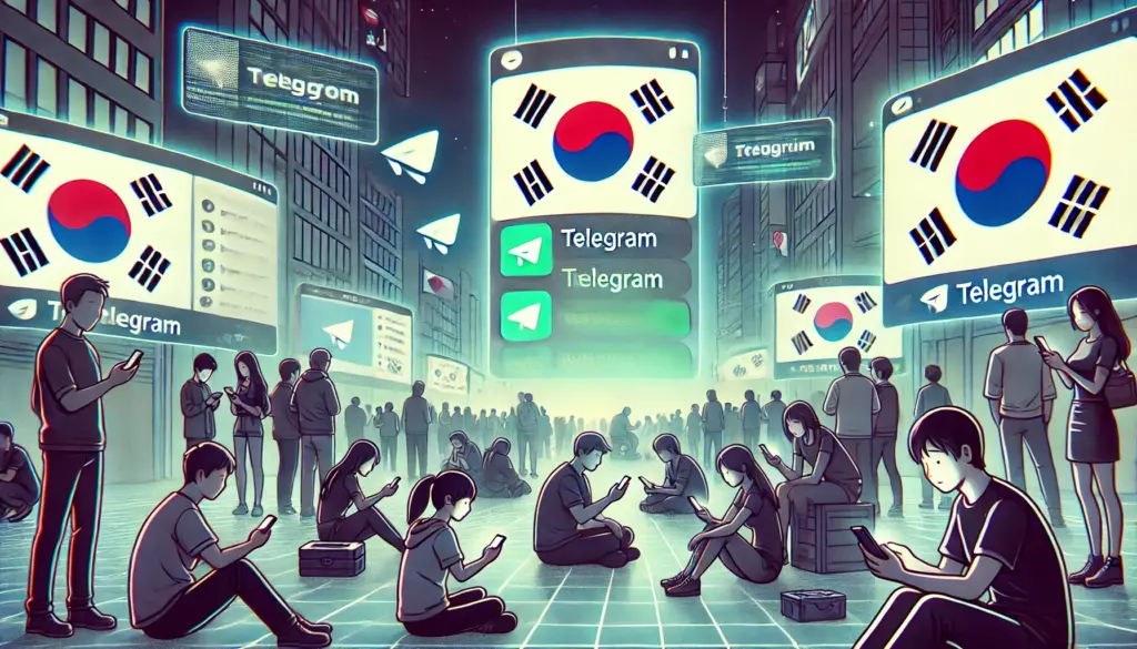 Ilustración de estilo anime que muestra a ciudadanos surcoreanos migrando a plataformas digitales alternativas durante una crisis política. La escena presenta a personas reunidas alrededor de smartphones y laptops, con aplicaciones de mensajería como Telegram destacadas en sus pantallas. El fondo incluye un ambiente futurista pero tenso, con colores apagados y notificaciones holográficas brillando. La atmósfera es enfocada y adaptativa, resaltando la resiliencia digital.