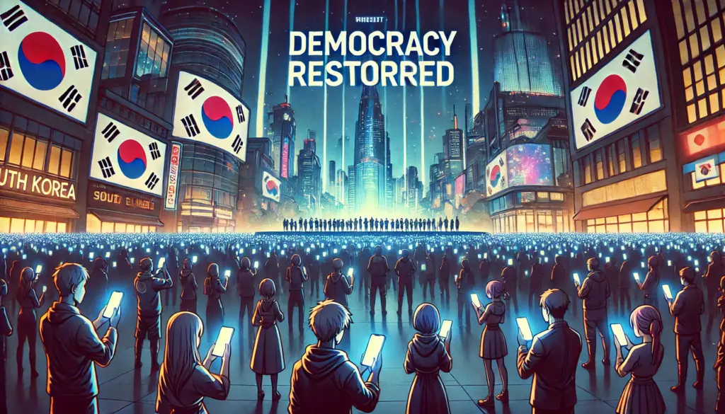 Ilustración de estilo anime que simboliza el triunfo de la democracia digital en Corea del Sur. La escena presenta a una multitud de ciudadanos reunidos en una plaza pública por la noche, sosteniendo smartphones con pantallas iluminadas, simbolizando la unidad y el poder de las redes sociales. En el fondo, un paisaje urbano futurista está iluminado con colores vibrantes, incluyendo un gran cartel que dice 'Democracy Restored'. La atmósfera es esperanzadora y empoderadora.