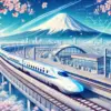 Ilustración de estilo anime que muestra un tren bala (Shinkansen) pasando a alta velocidad frente al Monte Fuji, bajo un cielo despejado. Los cerezos en flor decoran el paisaje, y en el fondo se observa una moderna estación de tren. La escena captura la eficiencia y la belleza del sistema ferroviario japonés.