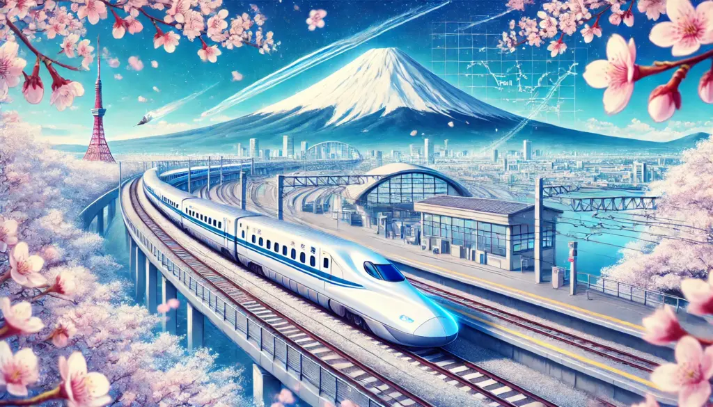 Ilustración de estilo anime que muestra un tren bala (Shinkansen) pasando a alta velocidad frente al Monte Fuji, bajo un cielo despejado. Los cerezos en flor decoran el paisaje, y en el fondo se observa una moderna estación de tren. La escena captura la eficiencia y la belleza del sistema ferroviario japonés.